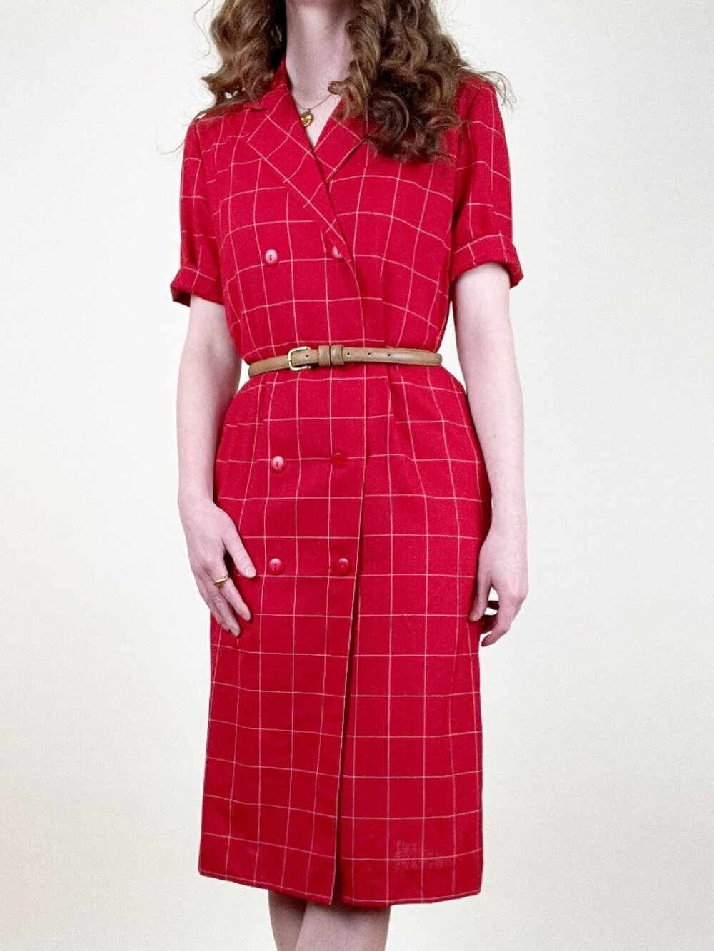 Vintage 90s French Midi Dress Double Breasted Plaid Check Print Office Work Wear - Picture 7 of 10